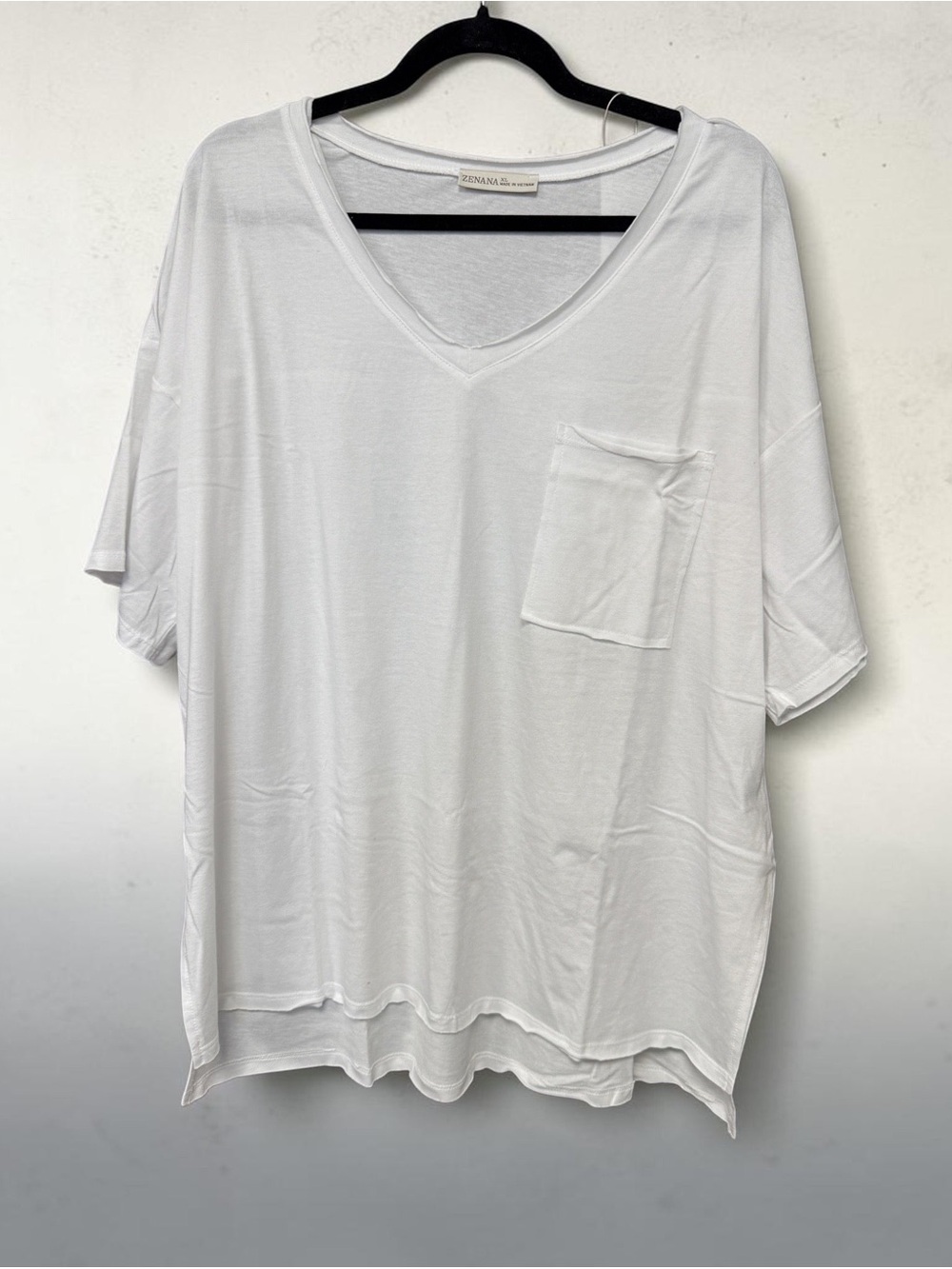 Zenana Outfitters White Oversized V-Neck Pocket Tee